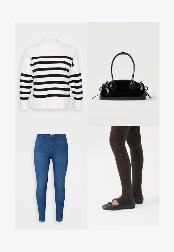 Suéter a rayas en blanco y negro con cuello alto, puños acanalados y ajuste relajado. Textura suave y de punto con patrones horizontales uniformes.; Jeans skinny de mezclilla azul con una cintura de media altura, diseño de cinco bolsillos y un ligero desgaste. Costuras clásicas y detalle de botón metálico.; Piernas con leggings oscuros acanalados combinados con bailarinas negras que presentan pequeños detalles de lazo sobre un fondo blanco.; Pequeño bolso negro brillante con dos asas largas y detalles de cordón lateral sobre un fondo claro liso.