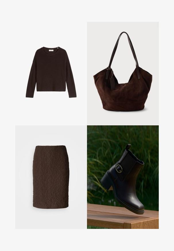 Pull en tricot noir à côtes avec un col arrondi et des manches longues. Présente une coupe ample et une surface texturée. Marque : Mare O'Polo.; Jupe marron longueur genou en tissu texturé avec une surface froissée. Présente un design ajusté et ne comporte aucune fermeture ou accent visible.; Bottine en cuir noir avec un petit talon et une boucle latérale flottant au-dessus d'une surface en bois en extérieur avec un fond de feuillage vert.; Handbag en cuir suédé marron avec une forme douce et souple. Doté de poignées en cuir et d'une étiquette décorative. Texture plain avec des coutures courbes.