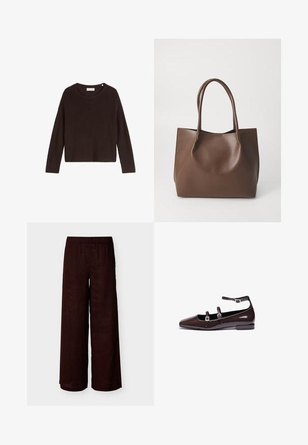 Pull en tricot noir à côtes avec un col arrondi et des manches longues. Présente une coupe ample et une surface texturée. Marque : Mare O'Polo.; Pantalon large en lin brun foncé avec ceinture élastique, longueur cheville, présenté sur un fond clair uni.; Ballerines en cuir verni marron avec un bout pointu, présentant deux sangles réglables et des boucles en argent, ainsi qu'un petit talon carré.; Sac en cuir marron avec deux longues poignées, forme structurée, texture lisse et design minimaliste. Aucun matériel ni accent visible.