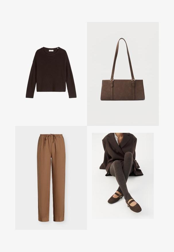 Suéter negro de punto acanalado con cuello redondo y mangas largas. Presenta un corte holgado y una superficie texturizada. Etiqueta: Mare O'Polo.; Pantalones marrones de corte holgado con cintura elástica y lazo delantero, piernas rectas y remates con puños sobre fondo liso.; Medias marrones acanaladas hasta la rodilla combinadas con unos zapatos planos Mary Jane de ante marrón, que cuentan con una correa decorativa y hebilla, llevados con un abrigo oscuro.; Bolso marrón rectangular de hombro con correas largas y detalles mínimos de costura sobre un fondo liso.