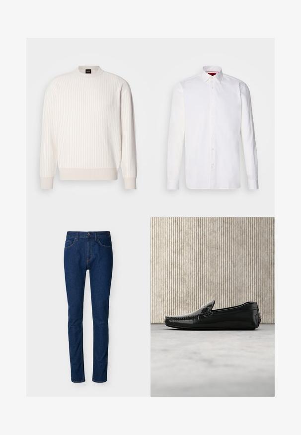 Pull blanc à côtes, avec un col rond et des manches longues. Il présente un tissu texturé avec une finition douce et de subtils lignes horizontales.; Chemise blanche à manches longues en coton, avec un col classique, une patte de boutonnage à l'avant et une texture lisse. Détail rouge à l'intérieur du col.; Jean en denim bleu foncé à coupe slim, design à cinq poches, coutures visibles et fermeture par bouton à la taille. Texture lisse.; Mocassins en cuir noir avec une finition brillante, bout rond et quincaillerie décorative à l'avant. Semelle en caoutchouc à profil bas. Texture lisse.