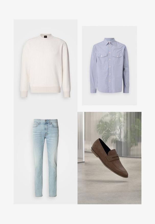 Pull blanc à côtes, avec un col rond et des manches longues. Il présente un tissu texturé avec une finition douce et de subtils lignes horizontales.; Chemise bleu clair à manches longues boutonnée, col pointu et deux poches poitrine avec boutons, présentée sur un fond uni.; Jeans en denim bleu clair, avec une coupe droite, taille mi-haute et un léger délavage. Comprend cinq poches et un bouton en métal.; Mocassins en daim marron avec une finition lisse, des détails cousus, et un design à bout rond. Semelle surélevée et style sans lacets.