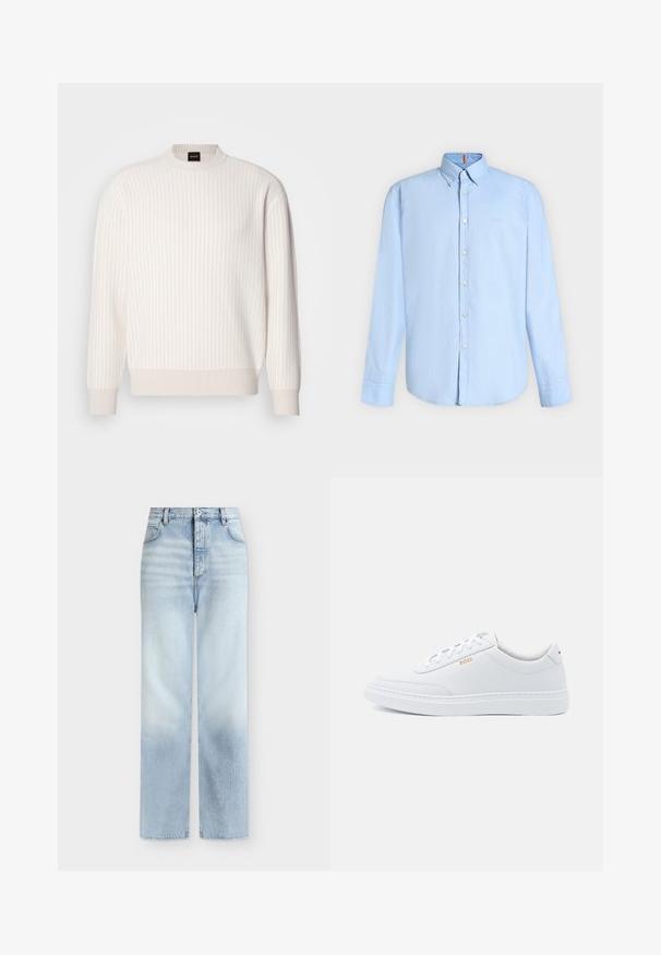 Suéter blanco de canalé con escote redondo y mangas largas. Presenta una tela texturizada con un acabado suave y sutiles líneas horizontales.; Camisa azul clara de manga larga con botones, cuello abotonado y botones blancos, mostrada sobre un fondo liso y claro.; Vaqueros azul claro de talle alto y pierna recta con bolsillos delanteros, trabillas para cinturón y cierre de botón.; Zapatillas de cuero blanco con textura suave, puntera redondeada y costuras tonales. Cuentan con cordones azules y un logo dorado en el lateral.