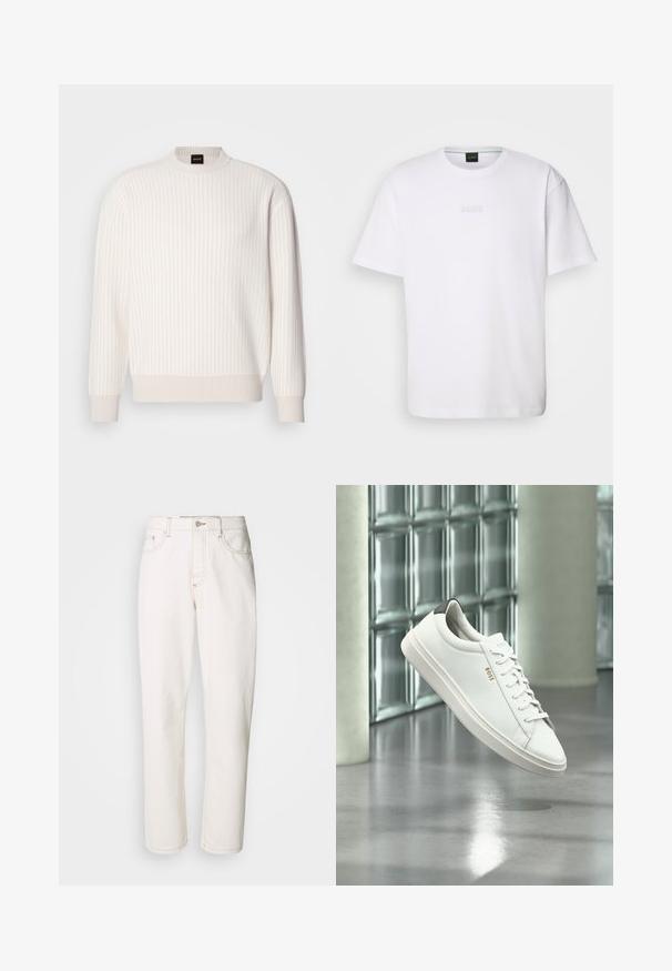 Hvid ribbet sweater med rund halsudskæring og lange ærmer. Har et tekstureret stof med en blød finish og subtile vandrette linjer.; Hvid bomulds T-shirt med korte ærmer, rund halsudskæring og præget "BOSS" logo på brystet. Glat tekstur, standard pasform.; Hvide denimbukser med lige ben design, der har stikninger, metalknaplukning og standard femlomme konstruktion.; Hvid læder lav-top sneaker med snørebånd, sort hælflig og "BOSS"-logo, svævende indendørs nær glasblok væg og poleret gulv.