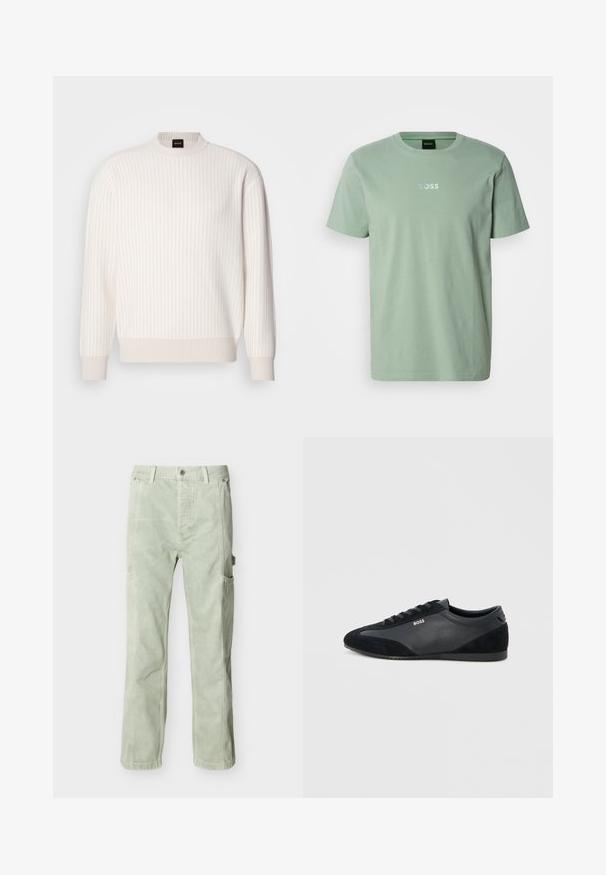 Hvid ribbet sweater med rund halsudskæring og lange ærmer. Har et tekstureret stof med en blød finish og subtile vandrette linjer.; Mintgrøn bomulds t-shirt med korte ærmer og rund halsudskæring. Har et diskret præget logo i lyseblåt på brystet.; Lysegrønne cargobukser med en blød tekstur, der har sidelommer og en afslappet pasform. Lukkes med knapper og har bæltestropper i taljen.; Sort lavtop snøresneaker med læder- og ruskindspaneler, flad sål og BOSS-logo på siden.