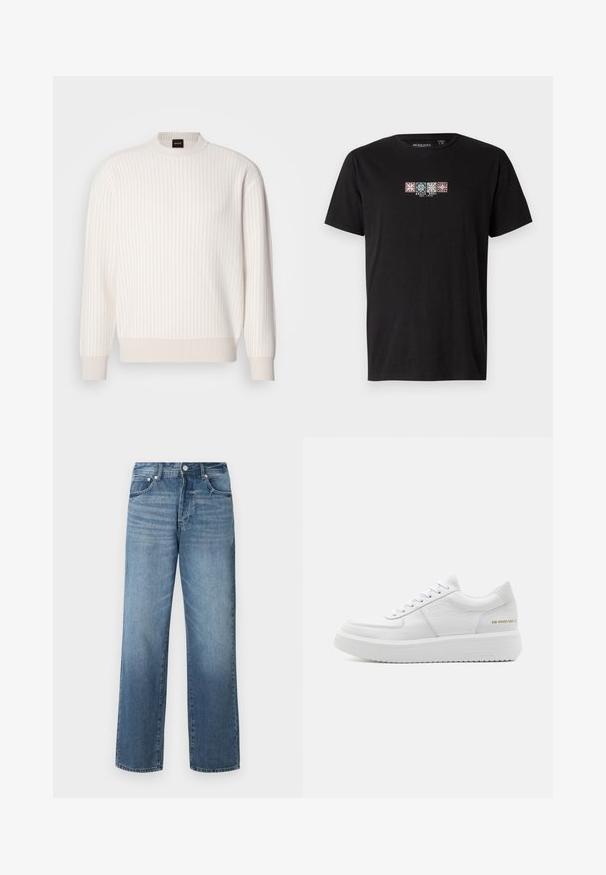 Suéter blanco de canalé con escote redondo y mangas largas. Presenta una tela texturizada con un acabado suave y sutiles líneas horizontales.; Camiseta de algodón negra con un gráfico frontal de cuatro patrones geométricos coloridos y el texto "BRAVE SOUL EST. 1972" en el centro.; Jeans de mezclilla azul con corte recto, que presentan un lavado desgastado, pasadores para cinturón, cinco bolsillos y un cierre clásico de botón.; Zapatillas de plataforma blancas hechas de cuero texturizado con un acabado suave, con cordones, una suela elevada y un logo dorado en el talón.