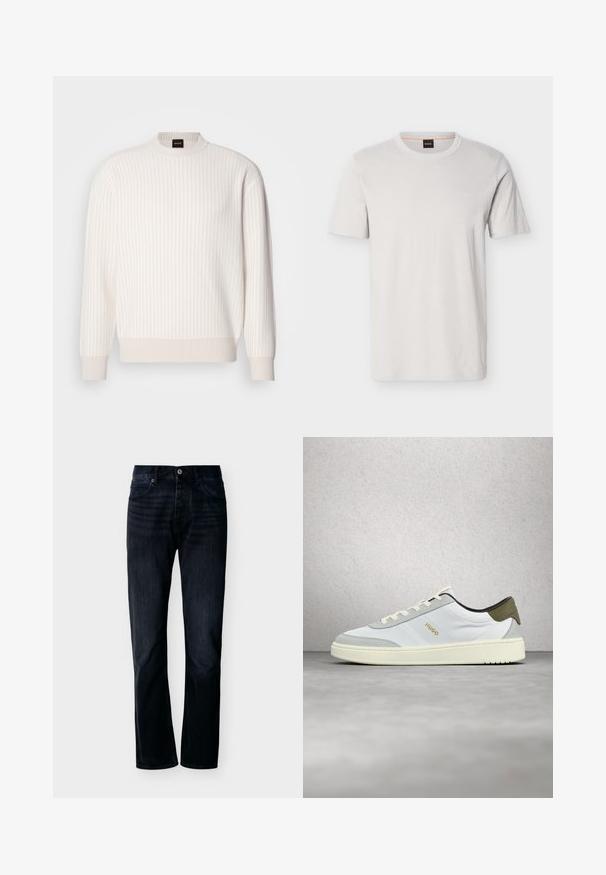 Suéter blanco de canalé con escote redondo y mangas largas. Presenta una tela texturizada con un acabado suave y sutiles líneas horizontales.; Camiseta de manga corta de color gris claro hecha de tela suave con cuello redondo. Presenta un logo sutil en relieve en el pecho. Corte clásico.; Vaqueros de pierna recta en índigo oscuro con cierre frontal de botón y cremallera, trabillas para cinturón y diseño de cinco bolsillos, mostrados sobre un fondo claro y liso.; Zapatilla deportiva baja blanca y gris con cordones blancos y logo "HUGO" en dorado, flotando sobre un suelo gris liso frente a una pared de vidrio de fondo.