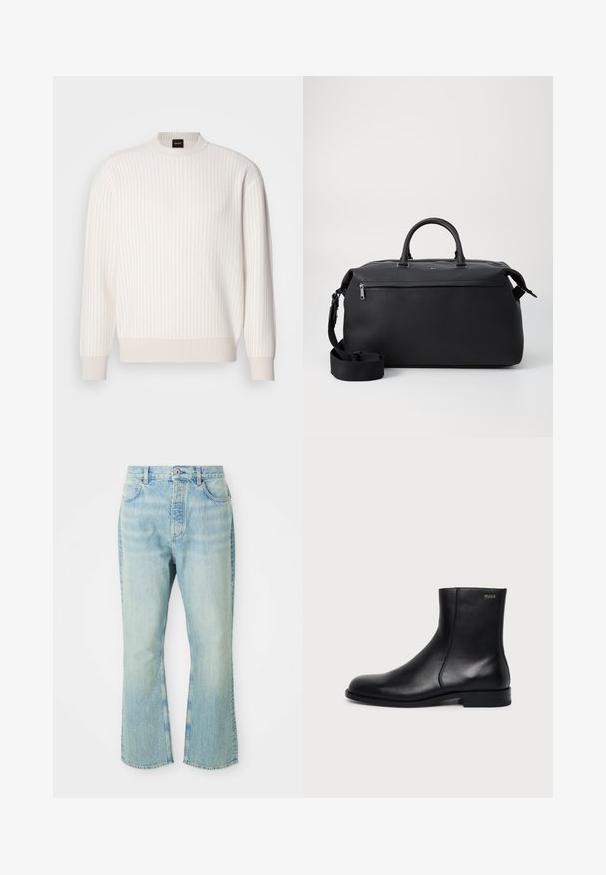 Suéter blanco de canalé con escote redondo y mangas largas. Presenta una tela texturizada con un acabado suave y sutiles líneas horizontales.; Jeans de mezclilla de color azul claro, acampanados y de cintura alta, con cinco bolsillos, trabillas para el cinturón y un acabado desgastado.; Botín negro de cuero con tacón bajo, costura lateral y pequeño logo "HUGO" en el puño superior sobre un fondo liso.; Bolsa de viaje de cuero negro con dos asas superiores, una correa de hombro desmontable y un bolsillo frontal con cremallera para almacenamiento adicional.
