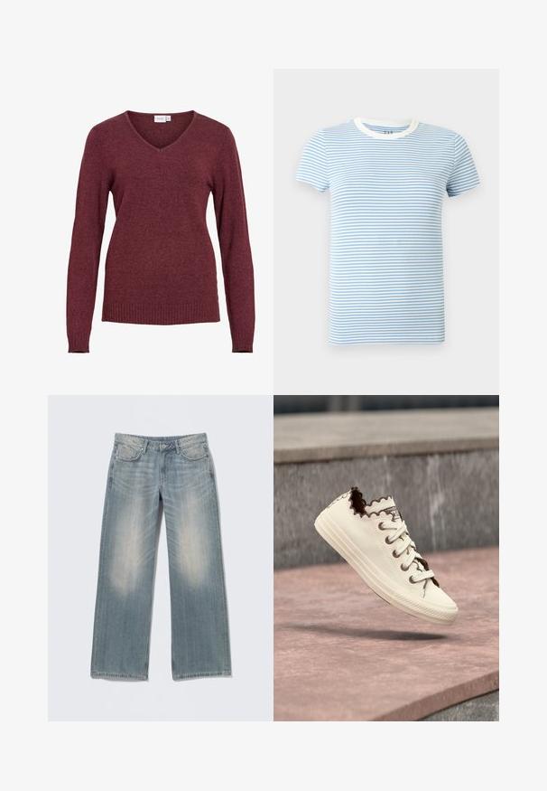 Pull bordeaux à manches longues avec col en V, poignets et ourlet côtelés, confectionné dans un tissu tricoté doux.; T-shirt à manches courtes avec des rayures horizontales bleu clair et blanc, et un col ras du cou blanc.; Jean bleu clair à jambes larges avec une finition délavée, en denim. Comprend des passants pour ceinture, des poches avant et une braguette zippée avec fermeture par bouton.; Baskets basses blanc cassé avec bords festonnés et bordure marron flottant au-dessus de marches en pierre grises et roses.