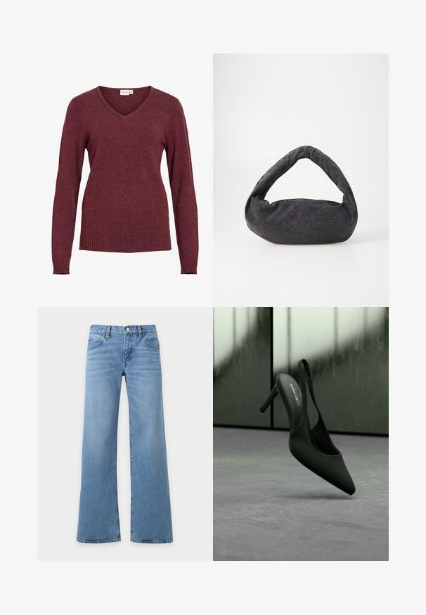 Pull bordeaux à manches longues avec col en V, poignets et ourlet côtelés, confectionné dans un tissu tricoté doux.; Jean en denim bleu clair avec une coupe à jambe large, poches avant, passants de ceinture et fermeture par bouton à la taille.; Chaussure slingback noire à talon haut avec bout pointu et bride cheville, marquée "ANNA FIELD", flottant légèrement au-dessus d'une surface grise.; Sac en tissu gris foncé avec une anse courbée, texture douce et forme arrondie. Pas de matériel ou d'embellissements visibles.