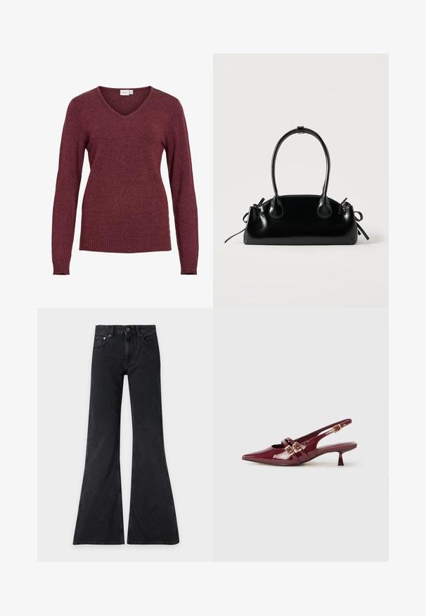 Pull bordeaux à manches longues avec col en V, poignets et ourlet côtelés, confectionné dans un tissu tricoté doux.; Jean noir taille haute avec jambes larges évasées, bouton devant, fermeture éclair et design à cinq poches sur un fond clair uni.; Chaussure slingback en cuir verni bordeaux avec un bout pointu, deux brides plates avec des boucles dorées, et un petit talon.; Petit sac à main noir brillant avec deux longues anses et des détails à cordon sur les côtés sur un fond clair uni.