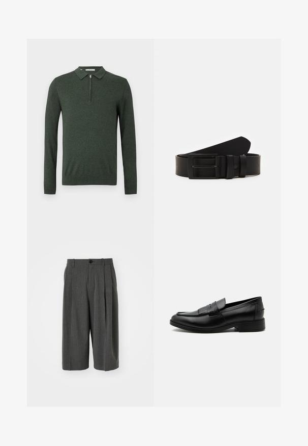 Mørkegrøn langærmet polo sweater med kvart lynlås og ribbede manchetter og kant, vist på en enkelt lys baggrund.; Grå stribede shorts med vid benvidde, knaplukning og plisseret forside. Fremstillet af et tekstureret materiale, der har et skræddersyet design.; Sort læder herre loafers med kvast detalje, rundet tå, lav hæl og glat poleret finish, vist fra siden på hvid baggrund.; Sort læderbælte rullet med en mat sort rektangulær metalspænde og to bæltesløjfer på en hvid baggrund.