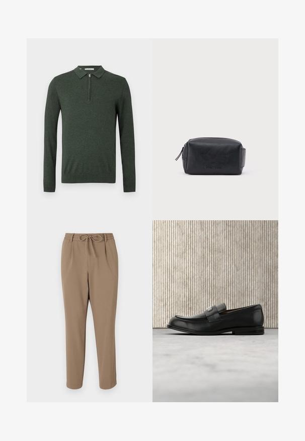 Dunkelgrüner Langarm-Polo-Pullover mit Viertelreißverschluss sowie gerippten Bündchen und Saum, vor einem schlichten hellen Hintergrund präsentiert.; Beige leicht taillierte Hose mit einem Kordelzugbund, seitlichen Taschen und einer glatten Textur. Keine sichtbaren Muster oder zusätzlichen Akzente.; Schwarzer Lederloafer mit einer Metallmarkenplatte, der nahe einem braunen runden Tisch auf beigem Teppichboden ruht.; Schwarze, rechteckige Leder-Kosmetiktasche mit Reißverschluss und geprägt eingraviertem Markennamen auf der Vorderseite, vor einem schlichten weißen Hintergrund.