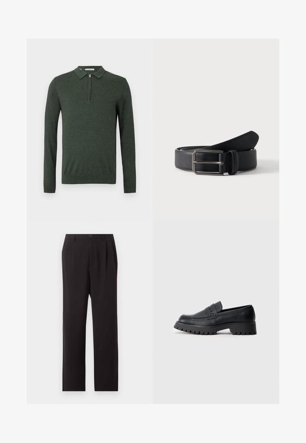 Mørkegrøn langærmet polo sweater med kvart lynlås og ribbede manchetter og kant, vist på en enkelt lys baggrund.; Sorte højtaljede skræddersyede bukser med folder, knaplukning, bæltestropper og lige ben på en ensfarvet lys baggrund.; Sorte læder loafers med en rund tå, prydet med en dekorativ rem og en kraftig gummisål med dybe riller for grip.; Sort læderbælte rullet med rektangulært sølvfarvet metalspænde på en ensartet lys baggrund.