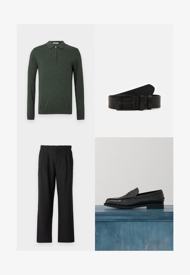 Mørkegrøn langærmet polo sweater med kvart lynlås og ribbede manchetter og kant, vist på en enkelt lys baggrund.; Jack & Jones Classic Wide Leg Fit - Bukser - black; Sorte læderloafers med et slankt design, der har syning ved tåen og en glat finish. Skoen har en lav hæl og minimal udsmykning.; Sort læderbælte rullet med en mat sort rektangulær metalspænde og to bæltesløjfer på en hvid baggrund.