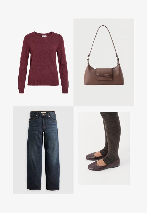 Pull tricoté bordeaux à manches longues avec encolure ronde et poignets et bas côtelés, de la marque Vila.; Jean bleu foncé en denim, avec une coupe droite, style cinq poches, accents de surpiqûres et fermeture à bouton.; Ballerines en cuir verni bourgogne à bout carré, accompagnées de chaussettes en tricot côtelé marron foncé atteignant le molet.; Sac à bandoulière en cuir marron avec une poche à rabat avant ornée d'un détail en forme de nœud cousu et une sangle réglable.