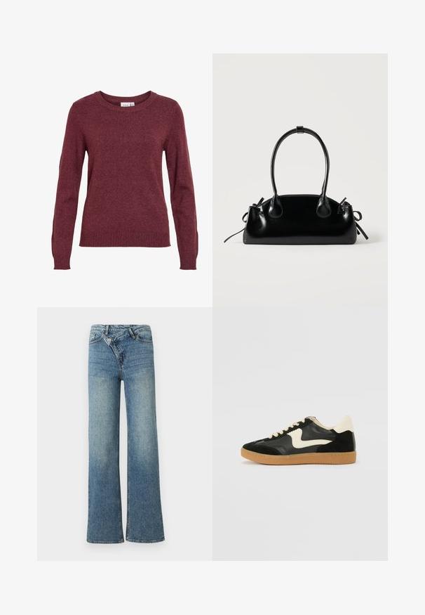Pull tricoté bordeaux à manches longues avec encolure ronde et poignets et bas côtelés, de la marque Vila.; Jean en denim bleu clair à jambes larges avec une taille haute, un délavage clair et une fermeture à bouton à l'avant. Comprend cinq poches et des coutures minimales.; Baskets en daim et cuir noir avec un swoosh latéral crème et un talon crème clair. Dotées de lacets beige et d'une semelle en caoutchouc gomme.; Petit sac à main noir brillant avec deux longues anses et des détails à cordon sur les côtés sur un fond clair uni.