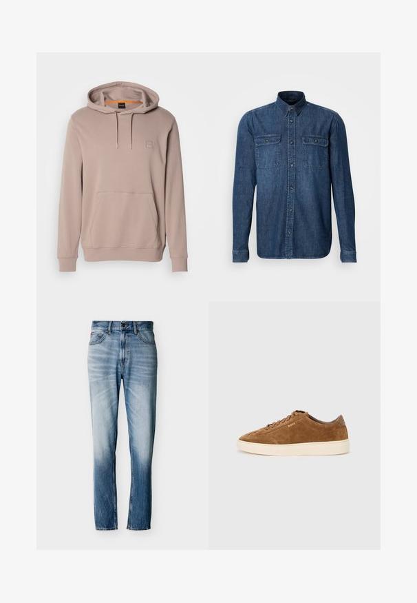 Sweat à capuche brun clair avec poche avant et cordons, arborant un petit patch logo carré sur la poitrine.; Chemise en denim à manches longues, bleu foncé, avec deux poches poitrine à rabat, fermeture à boutons sur le devant, col classique et détails cousus sur les poignets.; Jean bleu délavé à coupe droite avec cinq poches, fermeture par bouton et passants pour ceinture, présenté à plat sur fond blanc.; Baskets en daim marron avec bout rond, semelle en caoutchouc crème et lacets ton sur ton. Présentent un logo en relief sur le côté et un panneau arrière lisse.