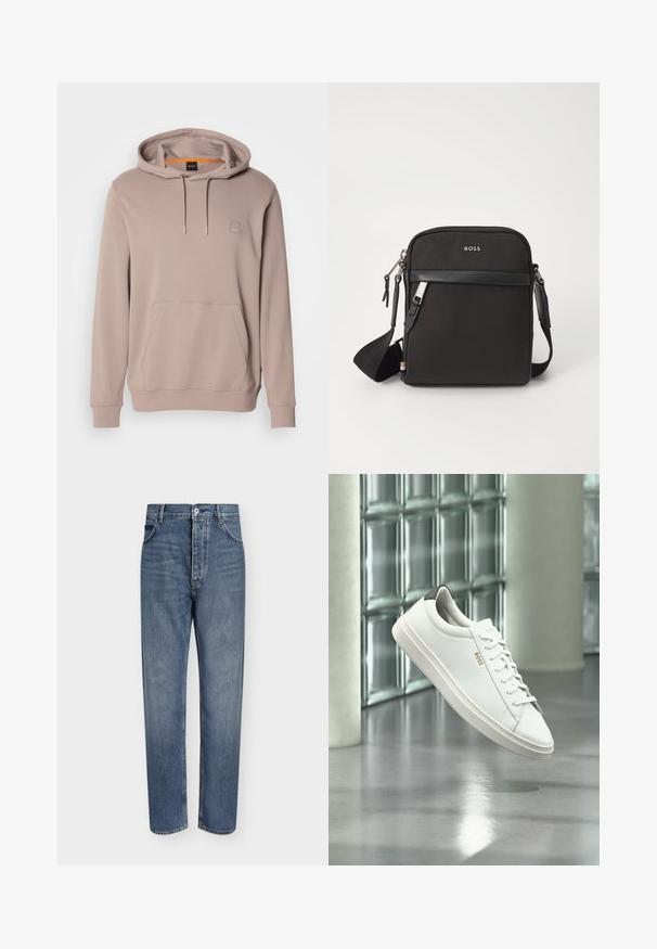 Lysbrun hættetrøje med forlommer og snoretræk, der har et lille firkantet logo patch på brystet.; Straight-leg blå denim jeans med høj talje, frontknaplukning og fem-lomme design på en ensartet lys baggrund.; Hvid læder lav-top sneaker med snørebånd, sort hælflig og "BOSS"-logo, svævende indendørs nær glasblok væg og poleret gulv.; Sort crossbody taske med et struktureret stof, logo på fronten, lynlås lukning og justerbar rem. Har en glat læderkant.
