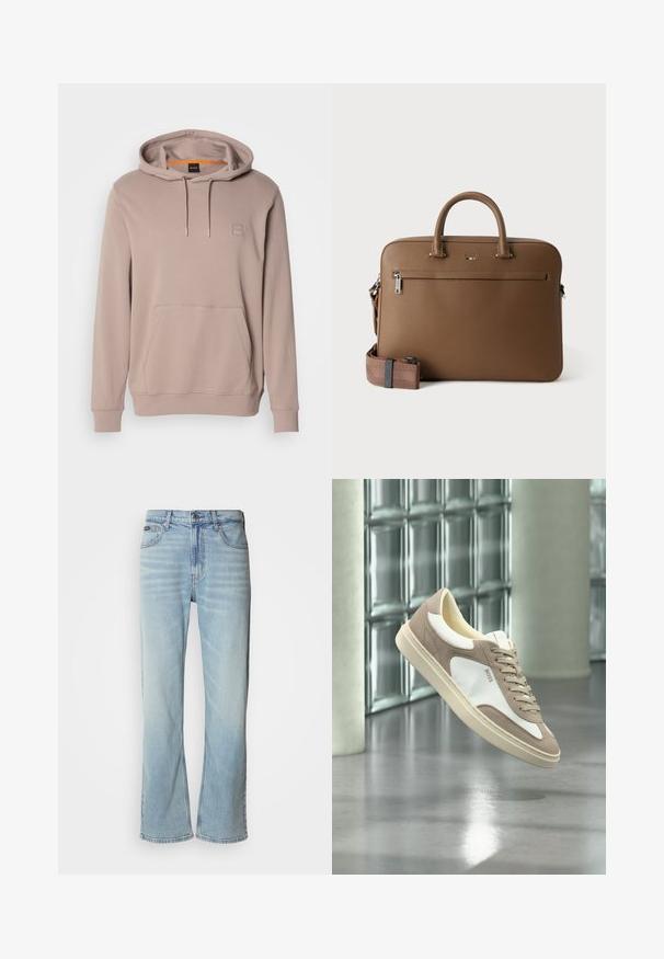 Sweat à capuche brun clair avec poche avant et cordons, arborant un petit patch logo carré sur la poitrine.; Jeans en denim bleu clair avec une coupe droite, dotés de cinq poches, d'une fermeture à bouton et d'une légère décoloration sur le tissu.; Baskets en suède beige et blanc avec lacets et logo « BOSS », flottant au-dessus d’un sol en béton poli avec des murs en blocs de verre en arrière-plan.; Mallette en cuir marron avec poignées supérieures, poche avant zippée et bandoulière assortie amovible sur fond blanc.