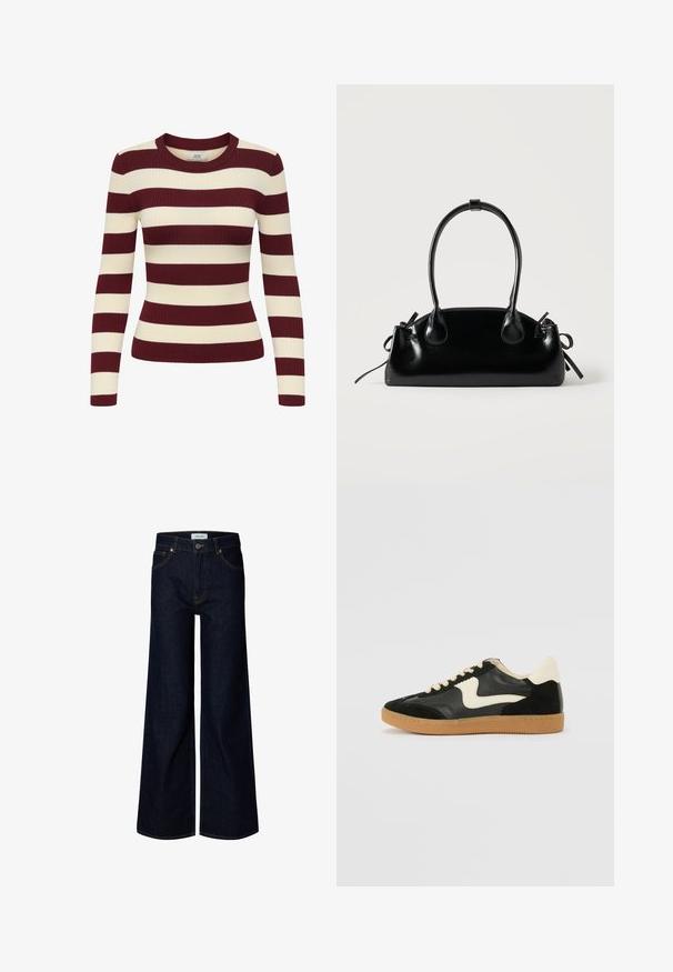 Pull en maille côtelée à manches longues avec larges rayures horizontales bordeaux et crème et col rond.; Jean en denim bleu foncé à jambes larges avec bouton et fermeture éclair à l'avant, passants de ceinture et poches avant, présenté sur fond blanc.; Baskets en daim et cuir noir avec un swoosh latéral crème et un talon crème clair. Dotées de lacets beige et d'une semelle en caoutchouc gomme.; Petit sac à main noir brillant avec deux longues anses et des détails à cordon sur les côtés sur un fond clair uni.