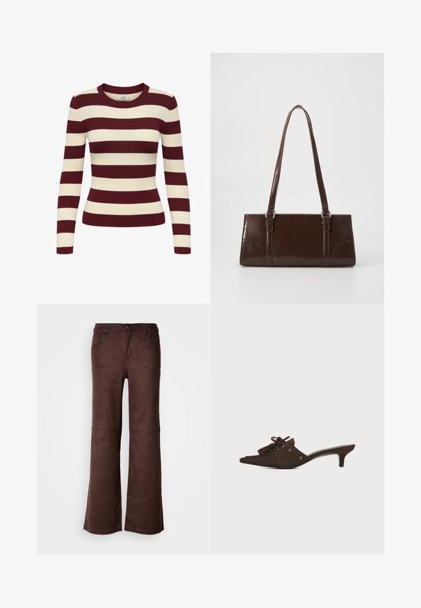 Pull en maille côtelée à manches longues avec larges rayures horizontales bordeaux et crème et col rond.; Pantalons évasés marron en tissu doux semblable à du daim. Comprend quatre poches, une fermeture à bouton et une surface lisse et texturée.; Mule en daim marron avec bout pointu, petit talon kitten, lacets noués en nœud et détails à pompons sur fond blanc.; Sac à main en cuir verni marron de forme rectangulaire, avec deux longues poignées et des accents courbés subtils à l'avant.