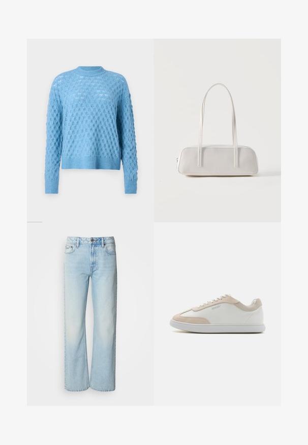 Suéter de punto azul claro con un patrón de diamante texturizado, escote redondo y mangas largas. Los puños y el dobladillo acanalados añaden detalle.; Vaqueros de pierna ancha azul claro confeccionados en denim, con un diseño clásico de cinco bolsillos y una sutil textura deslavada. La costura del denim es visible.; Zapatillas de cuero blancas con detalles de ante beige y cordones blancos. Presentan una puntera redondeada y una suela acolchada para mayor comodidad.; Bolso de hombro rectangular blanco con correas largas y delgadas, costuras mínimas y cierre de cremallera sobre un fondo liso.