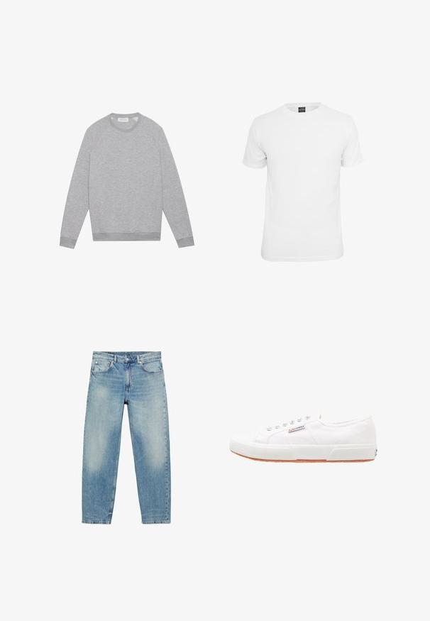 Sweat-shirt à col rond gris clair à manches longues avec des poignets et un ourlet côtelés, présenté à plat sur un fond uni.; T-shirt blanche à manches courtes, en coton, avec un col rond et une texture lisse, conçue pour un usage décontracté.; Jean droit en denim bleu avec poches avant et passants de ceinture, présentant des détails légèrement décolorés sur les cuisses et les genoux.; Baskets en toile blanches avec une semelle en caoutchouc, design à lacets et une petite étiquette logo sur le côté. Tige blanche texturée et semelle extérieure marron.