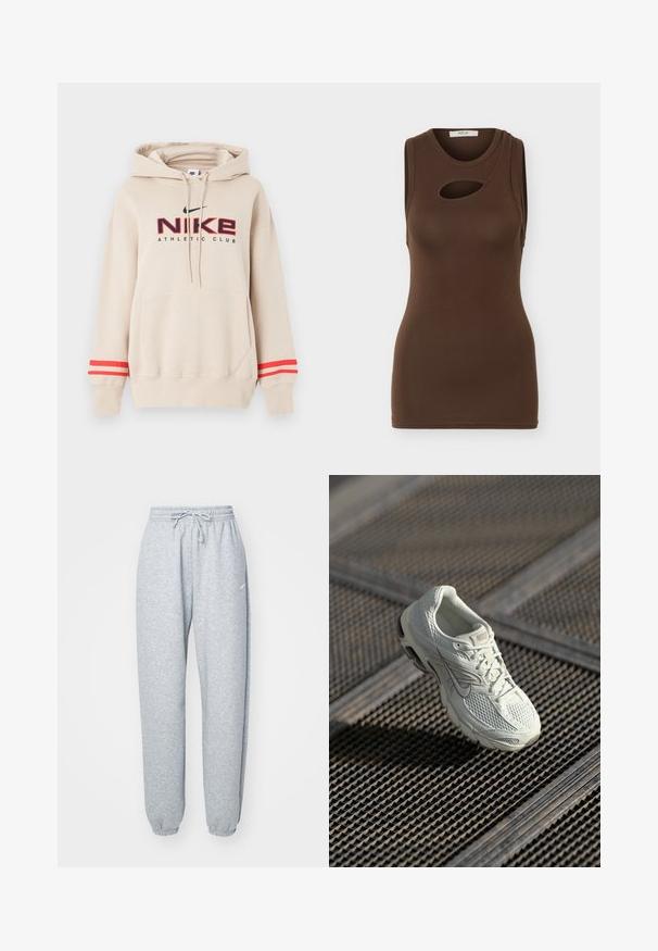 Μπεζ φούτερ Nike με μπροστινή τσέπη, κόκκινες ρίγες στα μανίκια και λογότυπο "Nike Athletic Club" σε μαύρο και κόκκινο στο στήθος.; Καφέ στενή αμάνικη μπλούζα με στρογγυλή λαιμόκοψη και ασύμμετρο άνοιγμα σε σχήμα κλειδιού στο πάνω μέρος του στήθους.; Ανοιχτό γκρι φόρμες από μαλακό μείγμα βαμβακιού, με ελαστική μέση και κορδόνι, στενές γύρω από τα πόδια και ribbed μανσέτες. Ελάχιστη λεπτομέρεια στην επωνυμία.; Άσπρο αθλητικό παπούτσι Nike για τρέξιμο με δικτυωτό και συνθετικό επάνω μέρος, τοποθετημένο σε μεταλλική σχάρα δαπέδου υπό απαλό φυσικό φως.