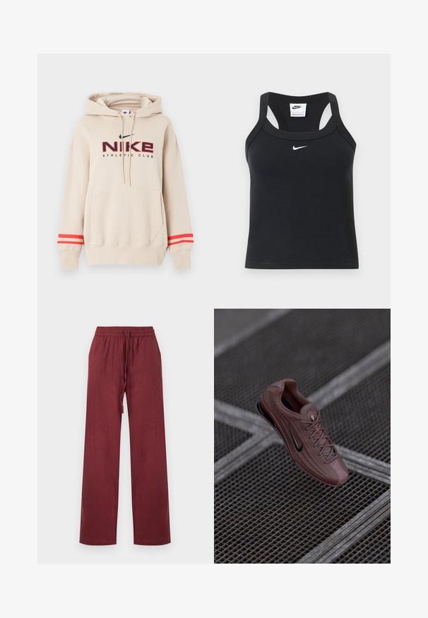 Μπεζ φούτερ Nike με μπροστινή τσέπη, κόκκινες ρίγες στα μανίκια και λογότυπο "Nike Athletic Club" σε μαύρο και κόκκινο στο στήθος.; Μαύρο ριμπ crop top Nike με racerback και λευκό λογότυπο Nike swoosh κεντραρισμένο κάτω από το λαιμόκοψη.; Μπορντό παντελόνι λινό, φαρδιάς γραμμής, με ελαστική μέση και μπροστινό κορδόνι, παρουσιάζεται σε λευκό απλό φόντο.; Αθλητικό παπούτσι ανοιχτού ροζ χρώματος με υφασμάτινη επάνω επιφάνεια με υφή, μαύρες λεπτομέρειες και σχέδιο με κορδόνια. Διαθέτει απορρόφηση κραδασμών και κομψή γραμμή.