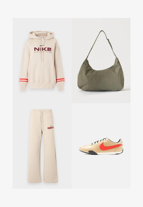 Μπεζ φούτερ Nike με μπροστινή τσέπη, κόκκινες ρίγες στα μανίκια και λογότυπο "Nike Athletic Club" σε μαύρο και κόκκινο στο στήθος.; Χαλαρό μπεζ παντελόνι φόρμας με ελαστική μέση και κορδόνια, με το λογότυπο Nike Athletic Club σε κόκκινο και μαύρο στο αριστερό μηρό.; Μπεζ δερμάτινο αθλητικό παπούτσι με μαύρα κορδόνια, κόκκινο σήμα Nike στο πλάι και ασπρόμαυρη σόλα, εμφανιζόμενο από την εξωτερική πλευρά.; Ώμου τσάντα από μαλακό ύφασμα σε ελιά χρώματος, με φερμουάρ και ρυθμιζόμενο λουρί, σε μονόχρωμο ανοιχτό φόντο.