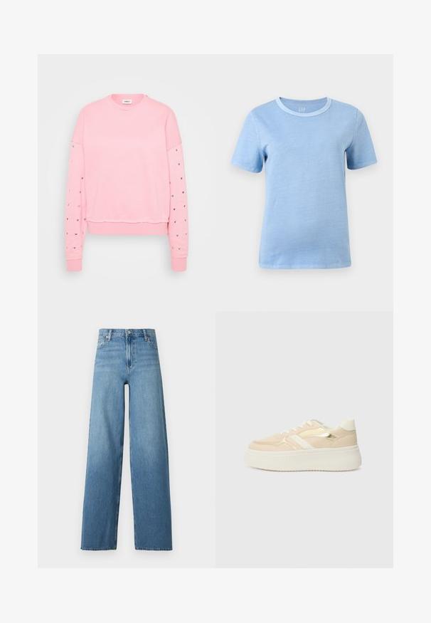 Roze sweatshirt met een ronde hals, cropped design en lange mouwen met zilveren hartmotieven langs de mouwen. Zachte katoenmateriaal.; Lichtblauw T-shirt met korte mouwen en een ronde hals, voorzien van een iets donkerderblauwe kraag, weergegeven tegen een effen witte achtergrond.; Blauwe denim jeans met hoge taille en wijde pijpen, voorzien van een knoop- en ritssluiting aan de voorkant en een klassieke vijfzakkenconstructie.; Beige platform sneakers met een witte zool. Voorzien van metallic gouden accenten en een gladde textuur. Vetersluiting met een ronde neus.