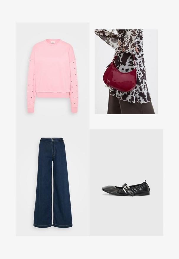 Rosa Sweatshirt mit Rundhalsausschnitt, cropped Design und langen Ärmeln, die mit silbernen Herzmotiven entlang der Ärmel versehen sind. Weiches Baumwollmaterial.; Weite Denim-Jeans in Dunkelblau mit hoher Taille, Knopfverschluss und dezenten Nähten entlang der Nähte.; Schwarze Leder-Ballerinas mit spitzem Zehenbereich, gerafften Details am Schaft und einem silbernen Schnallenakzent am verstellbaren Riemen.; Frau trägt eine schwarz-weiß gemusterte Bluse und hält eine glänzende rote Schultertasche vor einem einfarbigen Hintergrund.