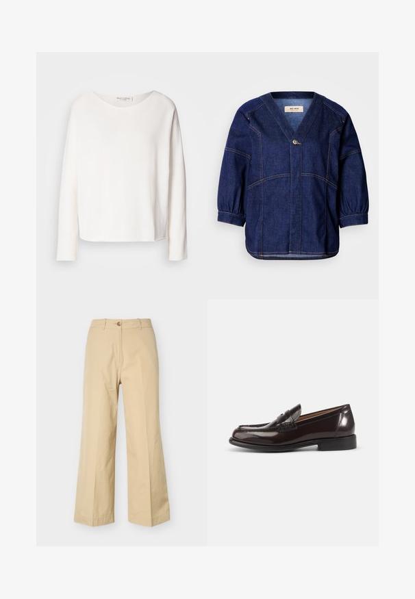 Lange mouwen, ronde hals top in zachte, lichtgewicht witte stof met een relaxte pasvorm. Heeft een nette zoom en geen zichtbare hardware.; Donkerblauwe denim jack met een V-hals, wijde mouwen en gathered manchetten. Voorzien van contrasterende stiksels en een enkele voorknoopdecoratie.; Beige broek met brede pijpen, voorzien van een knoop- en ritssluiting, riemlussen en een strak ontwerp aan de voorkant, afgebeeld tegen een witte achtergrond.; Donkerbruine gepolijste leren heren penny loafer met lage hak en gestikte details op witte achtergrond.