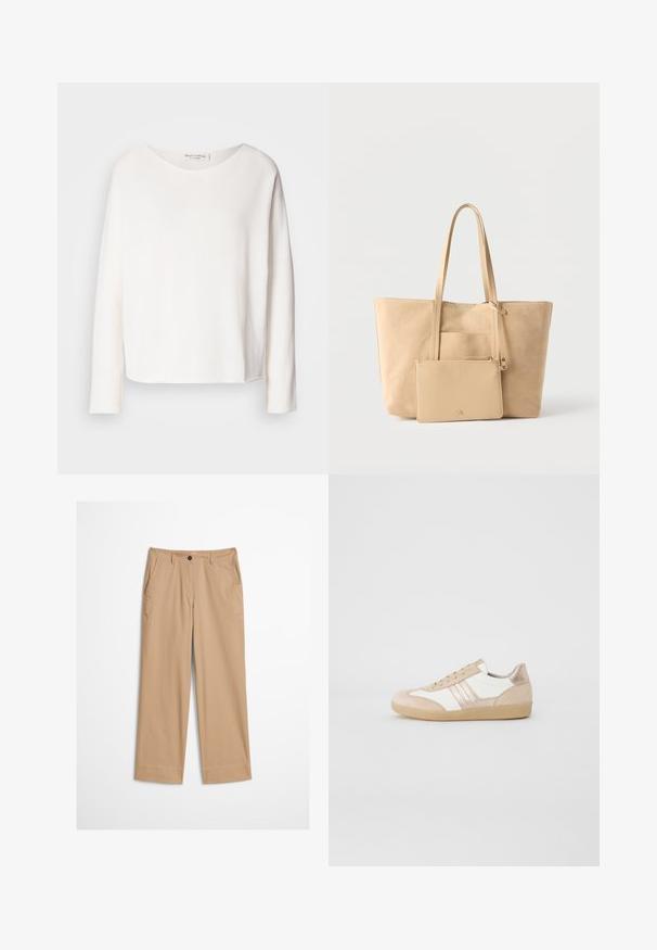 Top à manches longues et col rond en tissu blanc doux et léger avec une coupe décontractée. Doté d'un ourlet net et sans fixation visible.; Pantalon beige en coton avec jambes droites, fermeture à bouton sur le devant et texture lisse. Comprend des passants de ceinture standard et un design à l'avant plat.; Baskets beiges et blanches en matériaux daim et cuir. Caractéristiques : bout arrondi, design à lacets et semelle en caoutchouc texturée.; Sac fourre-tout en daim beige avec de longues poignées et une pochette assortie à fermeture éclair attachée, sur un fond blanc uni.