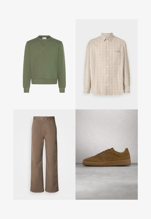 Sweat-shirt vert olive en mélange de coton lisse, avec un col rond, des poignets côtelés et un ourlet droit avec des détails de couture subtils.; Chemise à boutons en beige clair, avec un motif à carreaux, des manches longues, une poche poitrine et un col classique.; Pantalons larges beige en mélange de coton doux, avec une fermeture par bouton, des passants de ceinture et sans motifs visibles. Texture lisse.; Baskets en daim marron avec des lacets couleur fauve et une semelle en caoutchouc. Présente un bout arrondi et des détails cousus sur la tige. Design léger.