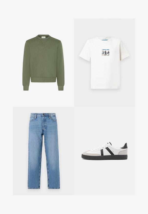 Sweat-shirt vert olive en mélange de coton lisse, avec un col rond, des poignets côtelés et un ourlet droit avec des détails de couture subtils.; T-shirt blanc à manches courtes avec un petit graphique représentant cinq membres de l'équipage de vol de Pan Am marchant et le logo de Pan Am en bleu.; Jeans en denim bleu clair avec une coupe droite, dotés d'une fermeture à bouton et à glissière, d'un style cinq poches et d'un léger effet délavé.; Baskets blanches avec des accents noirs et gris, présentant un embout texturé gris, une semelle en caoutchouc noir et des lacets plats blancs. Design épuré, style minimaliste.