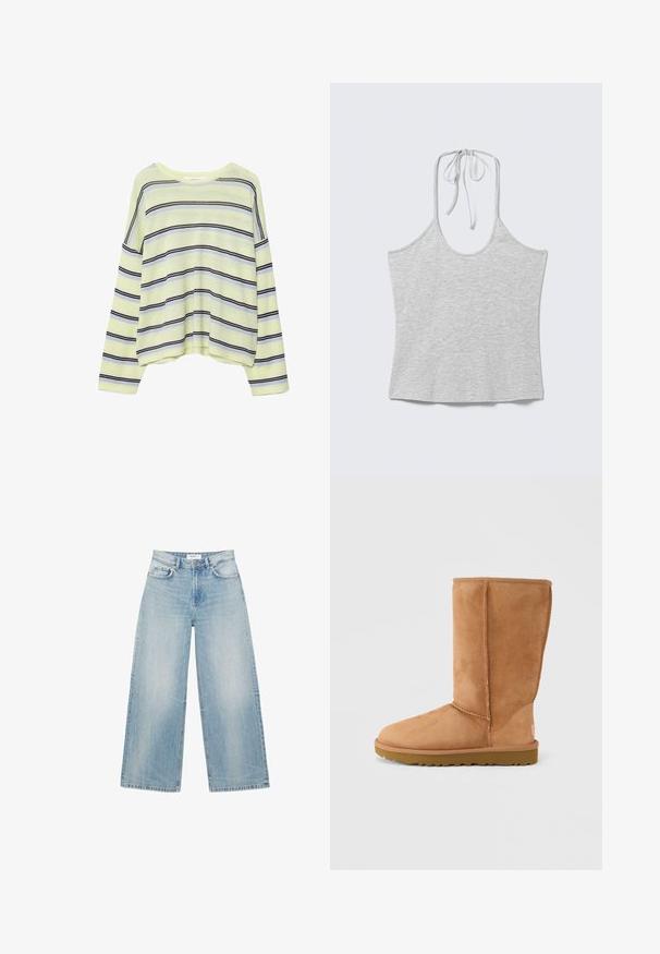 Chemise jaune clair à manches longues avec rayures horizontales noires et bleu clair, col rond et coupe décontractée.; Haut sans manches gris clair à col halter avec un nœud au niveau du cou, posé à plat sur un fond blanc.; Jean en denim bleu clair à coupe large, taille haute, fermeture à bouton et fermeture éclair à l'avant, avec un design à cinq poches.; Botte mi-mollet en daim marron clair avec semelle épaisse et coutures visibles, vue de côté extérieur sur un fond uni.