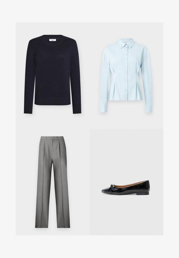Pull tricoté bleu marine avec un col rond, des manches longues et des bords-côtes aux poignets et à l'ourlet. Fabriqué en tissu doux pour un ajustement confortable.; Chemise bleu clair avec col, manches longues, fermeture boutonnée à l'avant et détails plissés à la taille, en tissu lisse.; Pantalon gris sur mesure avec un devant plissé, une coupe droite et une texture subtile. Il présente une taille avec passants pour ceinture et aucune poche visible.; Ballerines en cuir verni noir avec un bout pointu, un petit nœud à l'avant et un petit talon carré. Texture lisse et brillante.