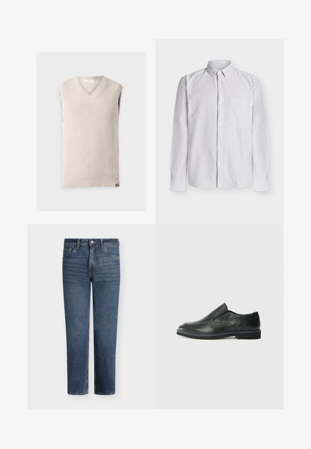 Gilet sans manches en maille beige avec col en V et ourlet côtelé sur fond uni clair.; Chemise à manches longues blanche avec fines rayures verticales grises, col boutonné, poche poitrine simple et manches à revers. Tissu en coton.; Jean en denim bleu à jambe droite avec bouton frontal, fermeture éclair, passants de ceinture et conception à cinq poches.; Chaussure slip-on en cuir noir avec une tige lisse, des accents cousus, un bout arrondi et un petit talon en caoutchouc. La semelle présente un profil de traction minimal.