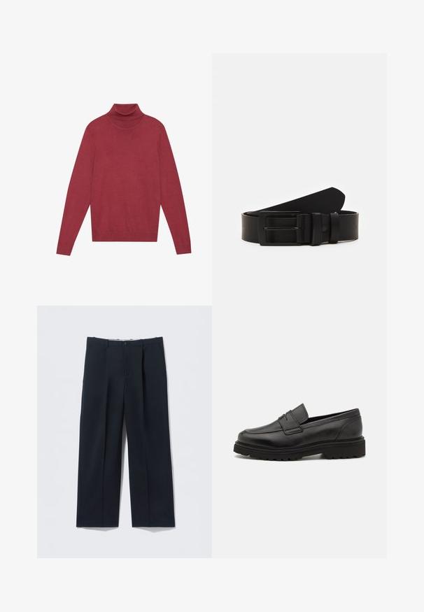 Pull à col roulé rouge en maille douce. Dispose de longues manches et d'une coupe ajustée. Texture lisse sans motifs ni accessoires visibles.; Pantalon bleu marine foncé en tissu lisse, avec une coupe ajustée, deux poches avant et une fermeture par bouton.; Mocassin en cuir noir avec un bout rond, des détails cousus, et une semelle épaisse et texturée. Présente un design élégant et minimaliste.; Ceinture en cuir noir roulée avec une boucle en métal rectangulaire noir mat et deux passants sur fond blanc.
