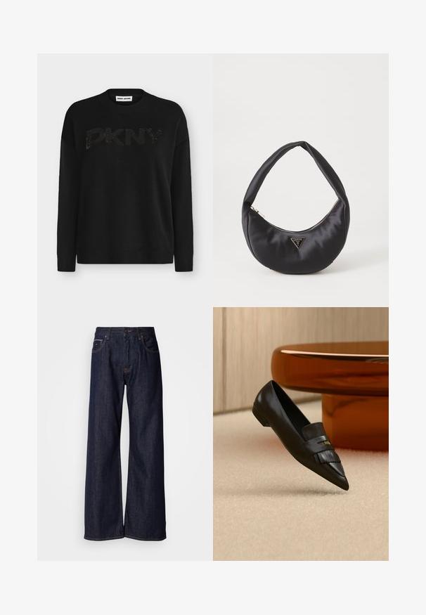 Pull DKNY noir à manches longues avec un col rond côtelé, des poignets et une base, arborant un subtil logo DKNY brillant sur la poitrine.; Jean en denim noir à jambes larges et taille haute, avec poches avant et détails de couture subtils. Texture lisse avec une coupe classique.; Mocassin en cuir noir à bout pointu avec détail de franges, positionné sur un tapis beige près d'une table ronde en verre orange.; Sac à main en satin noir avec une forme courbée, doté d'une fermeture à glissière et d'un logo triangulaire en métal à l'avant. Texture lisse et design épuré.
