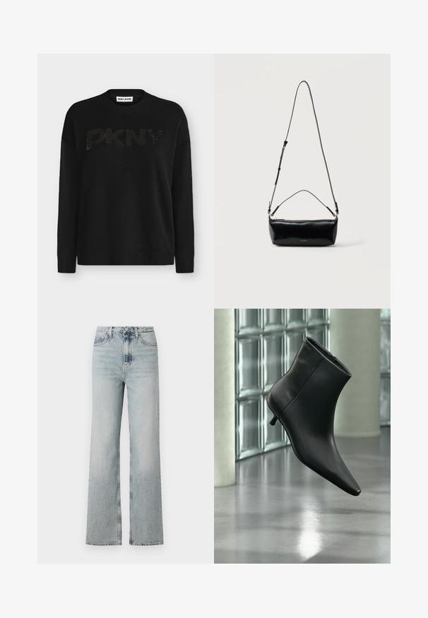 Pull DKNY noir à manches longues avec un col rond côtelé, des poignets et une base, arborant un subtil logo DKNY brillant sur la poitrine.; Jean en denim léger bleu clair taille haute avec une coupe large, comportant cinq poches et un léger dégradé sur le tissu.; Bottine en cuir noir à bout pointu et petit talon kitten, présentée en angle devant un sol poli et un mur en blocs de verre.; Sac bandoulière rectangulaire en cuir noir avec bandoulière ajustable, fermeture éclair sur le dessus et petit logo Calvin Klein doré sur le devant.
