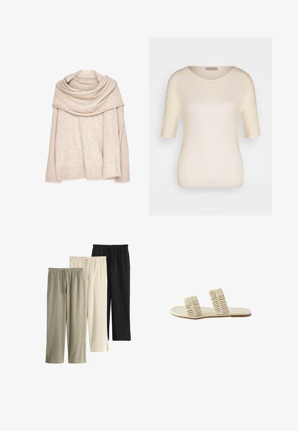 Suéter beige de punto con un amplio escote drapeado, mangas largas y puños acanalados. Textura suave con un sutil patrón jaspeado.; Top de color crema de manga corta, fabricado con una tela suave, que presenta un escote redondo y una textura sutil en las mangas. Etiqueta visible en el escote.; Tres pares de pantalones ligeros de pierna recta con cintura elástica y cordones en colores beige, blanco roto y negro.; Next FOREVER COMFORT BAND - Sandalias planas - cream