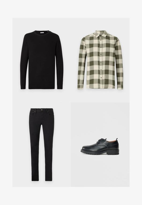 Pull noir à col rond, manches longues, tissu tricoté, poignets et ourlet côtelés, design minimaliste, texture lisse, sans motifs visibles.; Chemise à manches longues avec un motif à carreaux vert et crème, fabriquée en tissu léger, dotée d'un col boutonné et de boutons à l'avant.; Jeans noirs slim avec cinq poches, fermeture à bouton et passants de ceinture, présentés à plat sur un fond blanc.; Chaussures derby en cuir noir avec une texture lisse, bout rond, design à lacets et une semelle en caoutchouc épaisse et robuste.