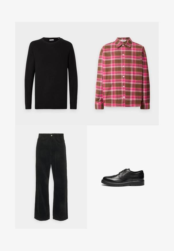 Zwarte ronde hals trui, lange mouwen, gebreide stof, geribbelde manchetten en onderrand, minimalistisch ontwerp, gladde textuur, geen zichtbare patronen.; Bruine en roze geruite button-up shirt met lange mouwen, een kraag en een losse pasvorm. Bevat witte knopen en subtiele plooien aan de voorkant.; Zwarte corduroy broek met wijde pijpen en een gladde textuur, voorzien van een drukknoopsluiting aan de voorkant en twee zijzakken.; Zwart leren dresschoen met brogue-details, ronde neus en een gestructureerde zool. Beschikt over klassieke veters en een stevige hak voor ondersteuning.