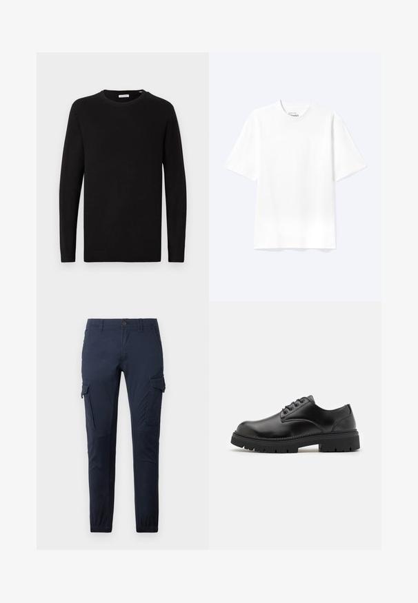 Sort crew neck sweater, lange ærmer, strikket stof, ribbede manchetter og kant, minimalistisk design, glat tekstur, ingen synlige mønstre.; Enkel hvid T-shirt med korte ærmer og rund hals med afslappet pasform, vist på en lys baggrund.; Mørkeblå cargo-bukser lavet af slidstærkt stof, med flere lommer, en talje med en knap og elastiske manchetter ved anklerne.; Sorte lædersko med rund tå, snørelukning og en tykk, struktureret gummisål. Har syninger langs kanten og en glat overflade.
