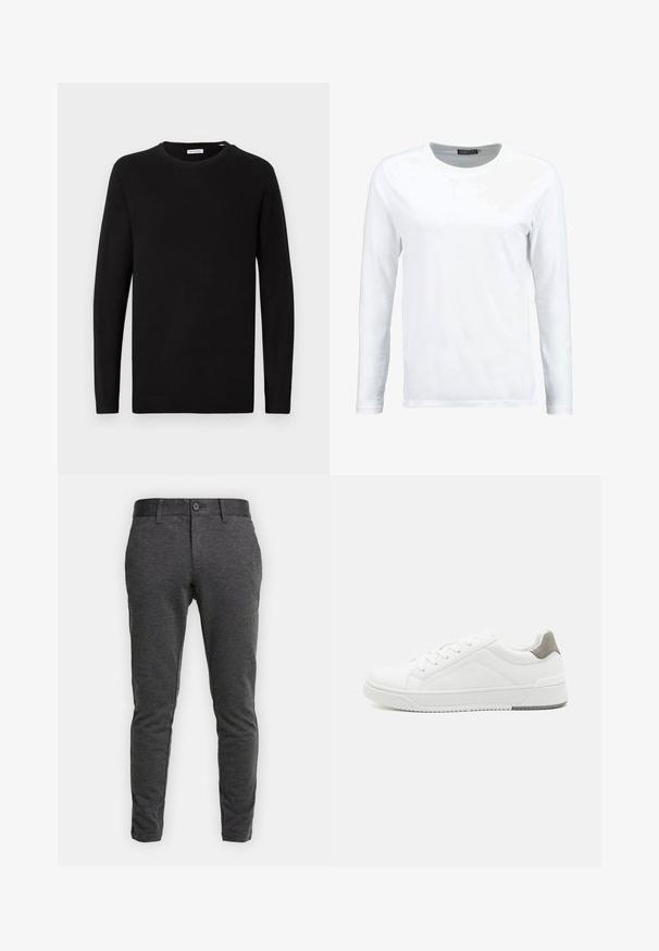 Zwarte ronde hals trui, lange mouwen, gebreide stof, geribbelde manchetten en onderrand, minimalistisch ontwerp, gladde textuur, geen zichtbare patronen.; Witte langemouwen T-shirt gemaakt van katoen, met een ronde hals en een gladde textuur. Geen patronen of accenten. Eenvoudig ontwerp.; Donkergrijze, nauwsluitende broek met een zachte textuur. Voorzien van een knoopsluiting en riemlussen, met taps toelopende pijpen en zijzakken.; Witte sneaker van glad leer met een ronde neus, minimalistisch ontwerp, grijze hielaccent en een geplaatste rubberen zool.