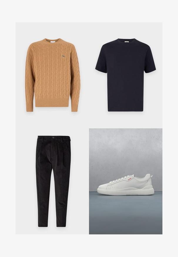 Kabelgebreide trui in camel kleur, gemaakt van textiel met structuur, met een geribbelde onderkant en mouwen, en een klein groen logo op de borst.; Navy blauwe katoenen T-shirt met een ronde hals, korte mouwen en een relaxte pasvorm; gladde textuur; geen zichtbare patronen of hardware.; Zwarte corduroy broek met een gestructureerde afwerking, met rechte pijpen, een geplooide voorkant en een elastische tailleband voor comfort.; Witte sneaker met een gladde leren afwerking, ronde neus, vier veterogen, subtiele perforaties en een rood logo detail aan de zijkant.