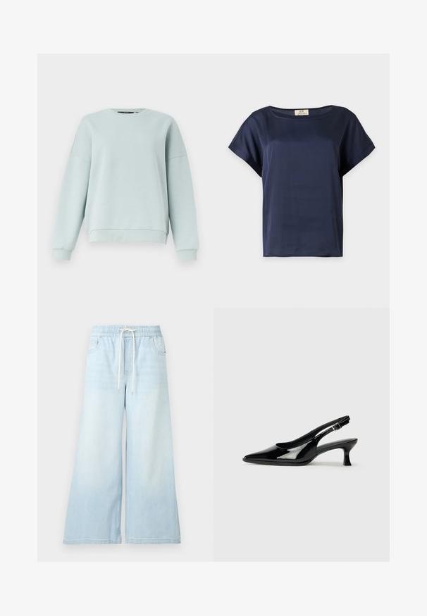 Sweat-shirt à manches longues bleu clair avec col ras du cou, poignets et ourlet côtelés, présenté sur un fond blanc uni.; Blouse bleu marine à manches courtes avec encolure ronde et poignets repliés, présentée sur un fond clair uni.; Pantalon en jean bleu clair à jambes larges avec taille élastique et cordon blanc, doté de poches avant et d’un léger effet délavé.; Escarpins en cuir verni noir avec un bout pointu et un petit talon carré. Sangle réglable à la cheville avec boucle.